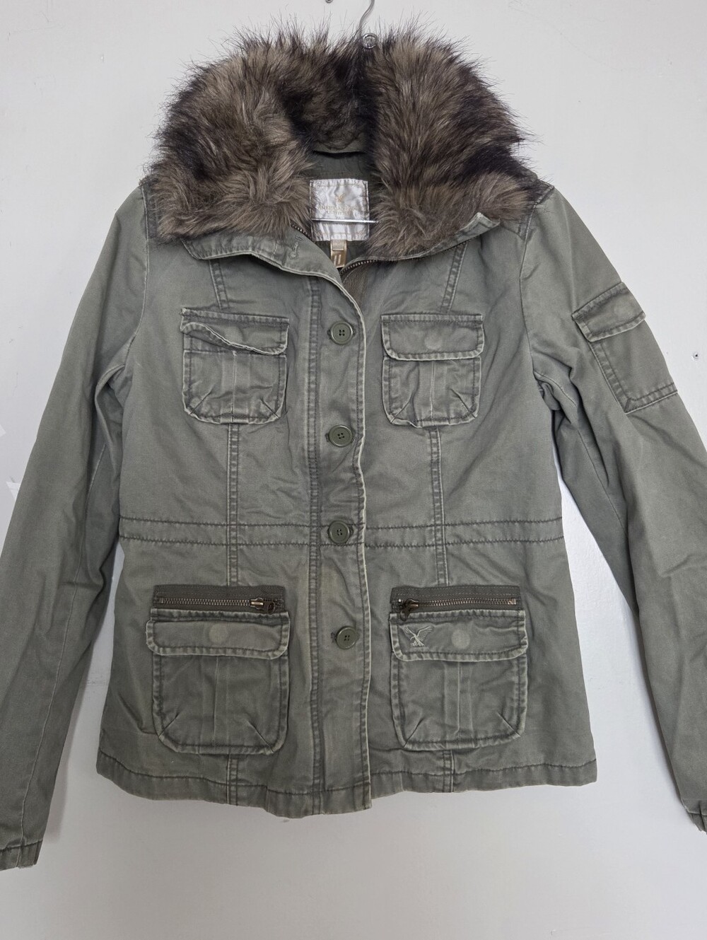 American Eagle Military Y2K Vintage Fur Trim Jacket Women’s M Army Green